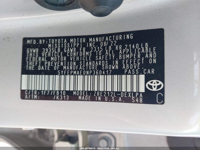 Aukcja sprzedaży 2022 Toyota Corolla Le, vin: 5YFEPMAE0NP360417, numer aukcji: 45766810
