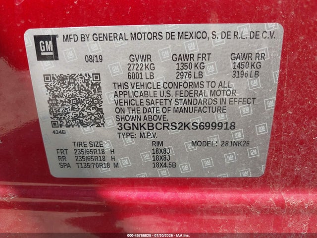 45766825 :رقم المزاد ، 3GNKBCRS2KS699918 vin ، 2019 Chevrolet Blazer مزاد بيع