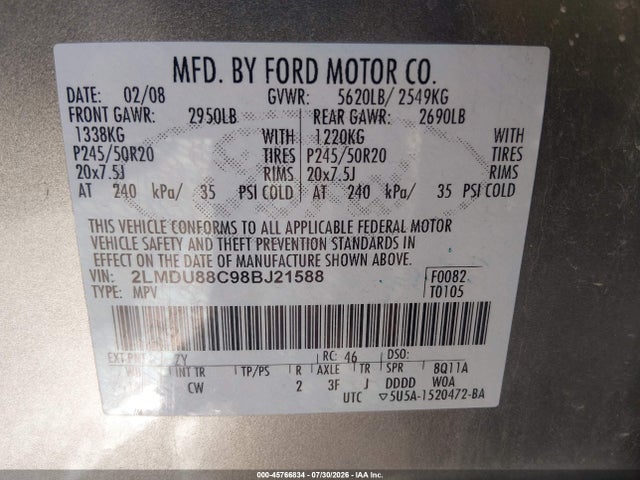 45766834 :رقم المزاد ، 2LMDU88C98BJ21588 vin ، 2008 Lincoln Mkx مزاد بيع