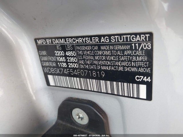 Aukcja sprzedaży 2004 Mercedes-benz Sl 55 Amg, vin: WDBSK74F54F071819, numer aukcji: 45766837