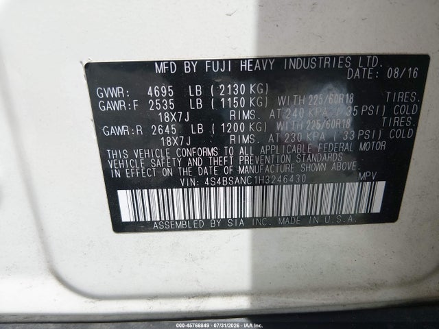 2017 Subaru Outback 2.5i Limited მანქანა იყიდება აუქციონზე, vin: 4S4BSANC1H3246430, აუქციონის ნომერი: 45766849