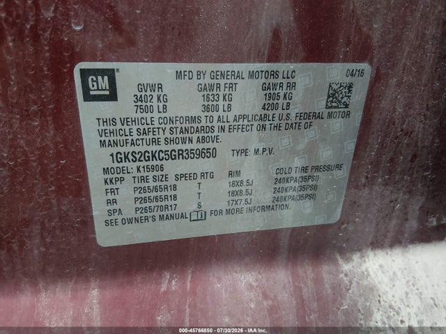 45766850 :رقم المزاد ، 1GKS2GKC5GR359650 vin ، 2016 Gmc Yukon Xl Slt مزاد بيع