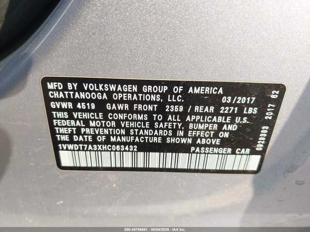 Aukcja sprzedaży 2017 Volkswagen Passat 1.8t R-line, vin: 1VWDT7A3XHC063432, numer aukcji: 45766861
