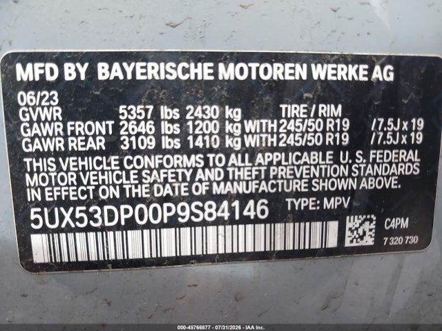 Aukcja sprzedaży 2023 Bmw X3 Xdrive30i, vin: 5UX53DP00P9S84146, numer aukcji: 45766877