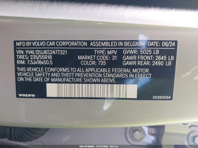 Продажа на аукционе авто 2025 Volvo Xc40 B5 Core Bright Theme, vin: YV4L12UJ6S2477321, номер лота: 45766883