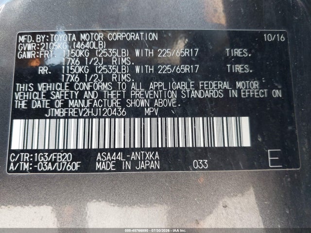Aukcja sprzedaży 2017 Toyota Rav4 Le, vin: JTMBFREV2HJ120436, numer aukcji: 45766890