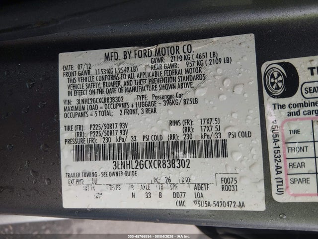 Aukcja sprzedaży 2012 Lincoln Mkz, vin: 3LNHL2GCXCR838302, numer aukcji: 45766894