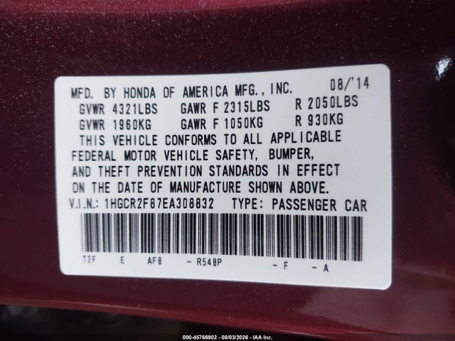 Honda Accord Ex-l 2014 1HGCR2F87EA308832 Image 9