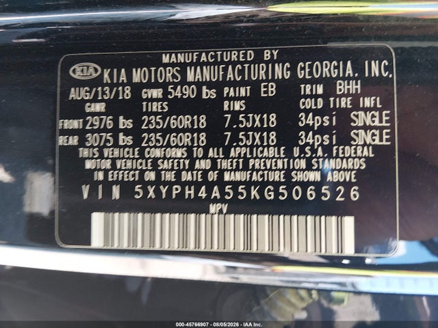 Aukcja sprzedaży 2019 Kia Sorento 3.3l Ex, vin: 5XYPH4A55KG506526, numer aukcji: 45766907