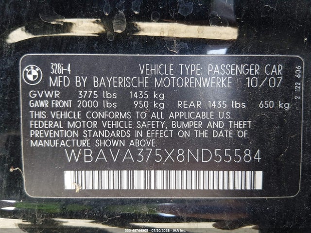 Продажа на аукционе авто 2008 Bmw 328i, vin: WBAVA375X8ND55584, номер лота: 45766909