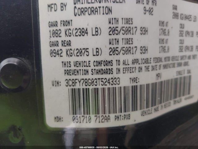 45766920 :رقم المزاد ، 3C8FY78G03T524333 vin ، 2003 Chrysler Pt Cruiser Gt مزاد بيع