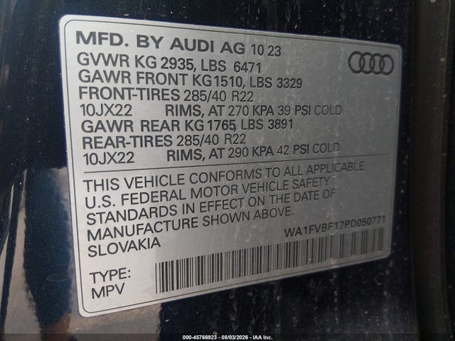 Aukcja sprzedaży 2023 Audi Q8 Prestige 55 Tfsi Quattro Tiptronic, vin: WA1FVBF17PD050771, numer aukcji: 45766923