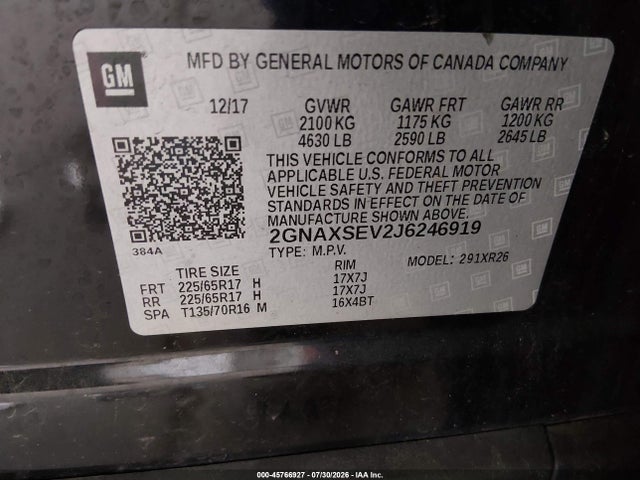 45766927 :رقم المزاد ، 2GNAXSEV2J6246919 vin ، 2018 Chevrolet Equinox Lt مزاد بيع