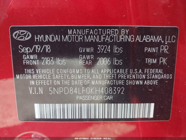 Aukcja sprzedaży 2019 Hyundai Elantra Sel, vin: 5NPD84LF0KH408392, numer aukcji: 45766942