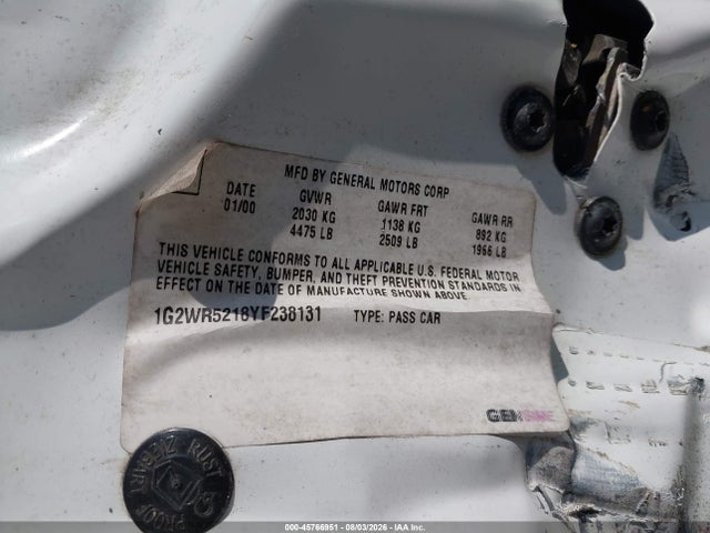 Продаж на аукціоні авто 2000 Pontiac Grand Prix Gtp, vin: 1G2WR5218YF238131, номер лоту: 45766951