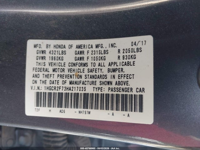 Honda ACCORD EX 2017 1HGCR2F73HA217035 Image 9