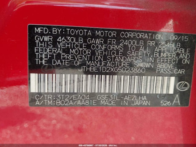 Aukcja sprzedaży 2016 Lexus Is 350, vin: JTHBE1D2XG5023860, numer aukcji: 45766967