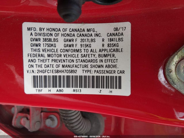 Aukcja sprzedaży 2017 Honda Civic Si, vin: 2HGFC1E58HH705892, numer aukcji: 45766980