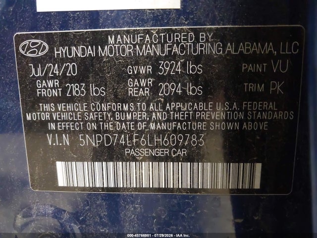 45766981 :رقم المزاد ، 5NPD74LF6LH609783 vin ، 2020 Hyundai Elantra Se مزاد بيع
