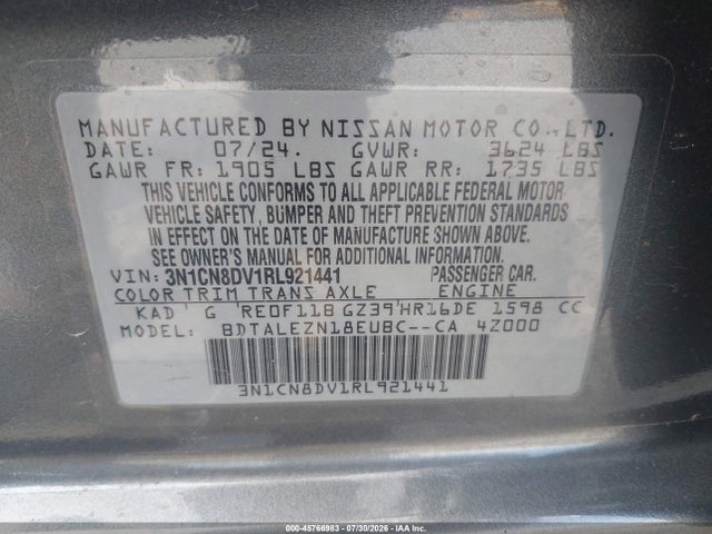 45766983 :رقم المزاد ، 3N1CN8DV1RL921441 vin ، 2024 Nissan Versa 1.6 S مزاد بيع