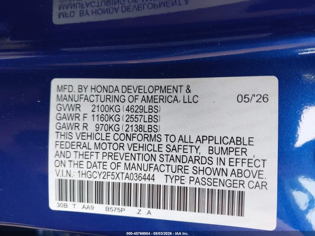 Продаж на аукціоні авто 2026 Honda Accord Hybrid Sport, vin: 1HGCY2F5XTA036444, номер лоту: 45766984