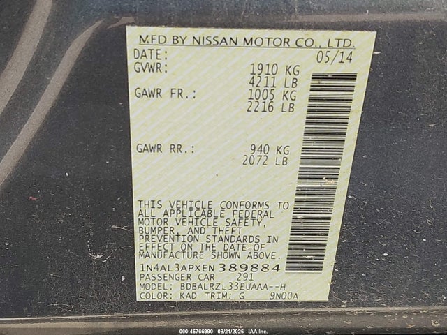 1N4AL3APXEN389884 Nissan Altima 2.5 S