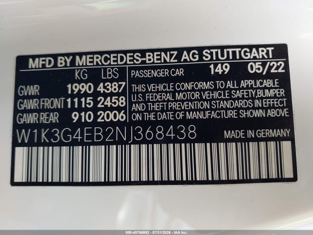 2022 Mercedes-benz A 220 მანქანა იყიდება აუქციონზე, vin: W1K3G4EB2NJ368438, აუქციონის ნომერი: 45766992