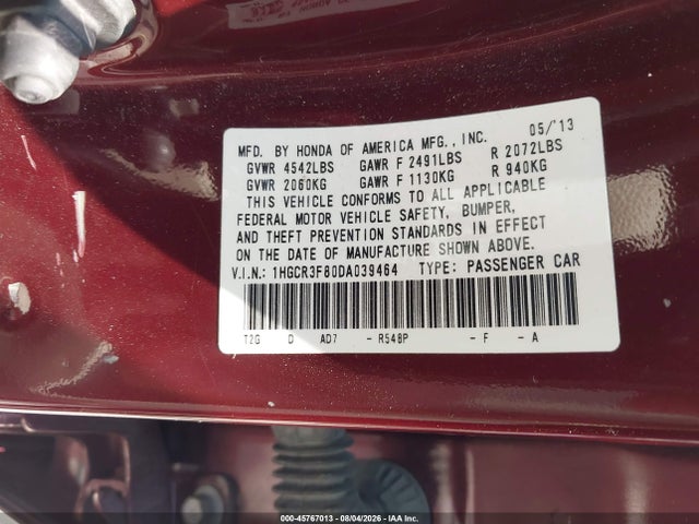 Продажа на аукционе авто 2013 Honda Accord Ex-l V-6, vin: 1HGCR3F80DA039464, номер лота: 45767013
