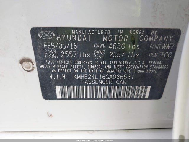 2016 Hyundai Sonata Hybrid Se მანქანა იყიდება აუქციონზე, vin: KMHE24L16GA036531, აუქციონის ნომერი: 45767031