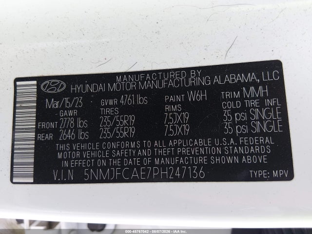 Aukcja sprzedaży 2023 Hyundai Tucson Sel, vin: 5NMJFCAE7PH247136, numer aukcji: 45767042