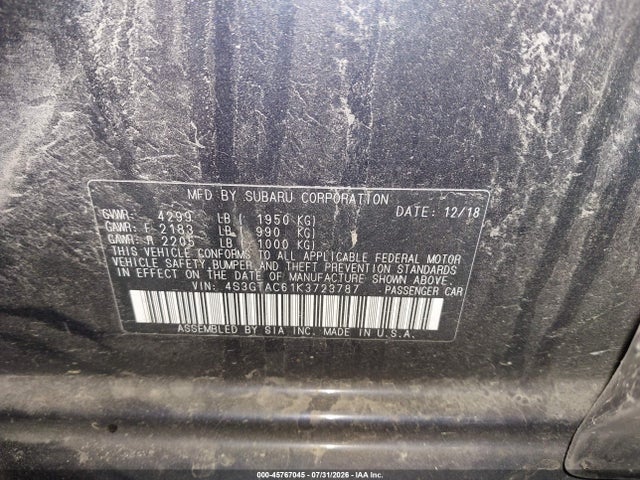 2019 Subaru Impreza 2.0i Premium მანქანა იყიდება აუქციონზე, vin: 4S3GTAC61K3723787, აუქციონის ნომერი: 45767045