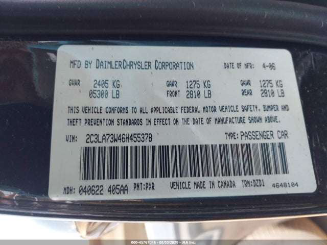 Продаж на аукціоні авто 2006 Chrysler 300c Srt8, vin: 2C3LA73W46H455378, номер лоту: 45767046