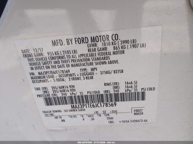 Auction sale of the 2018 Ford Ecosport Se, vin: MAJ3P1TE6JC178569, lot number: 45767050