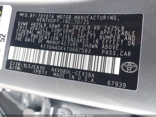 45767058 :رقم المزاد ، 4T1DAACK4TU667583 vin ، 2026 Toyota Camry Se مزاد بيع