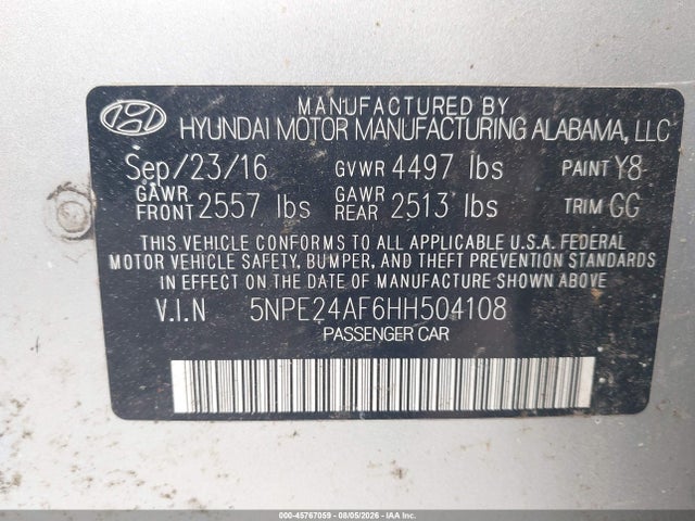 Продажа на аукционе авто 2017 Hyundai Sonata, vin: 5NPE24AF6HH504108, номер лота: 45767059