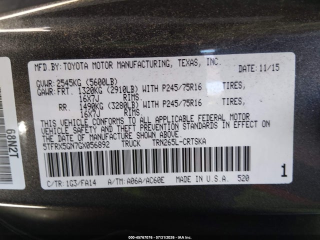 45767076 :رقم المزاد ، 5TFRX5GN7GX056892 vin ، 2016 Toyota Tacoma Sr مزاد بيع