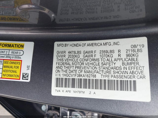 45767077 :رقم المزاد ، 1HGCV1F38KA162768 vin ، 2019 Honda Accord Sport مزاد بيع