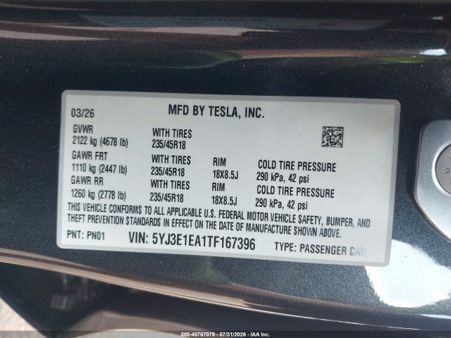 45767079 :رقم المزاد ، 5YJ3E1EA1TF167396 vin ، 2026 Tesla Model 3 Premium Rear-wheel Drive/rear-wheel Drive مزاد بيع
