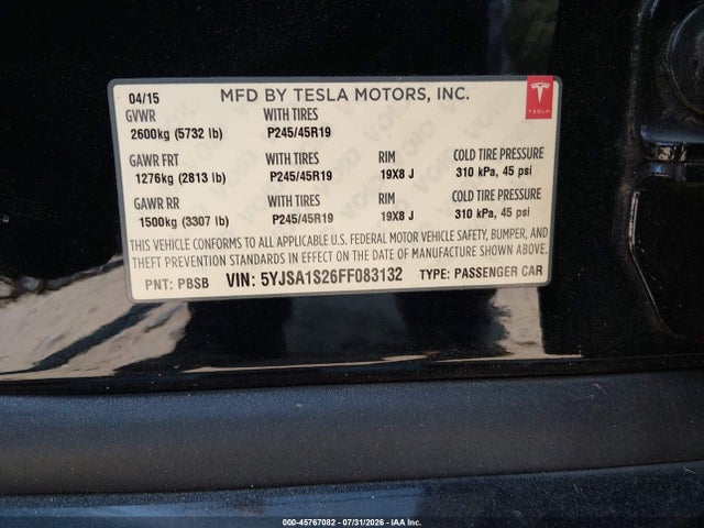 Aukcja sprzedaży 2015 Tesla Model S 70d/85d/p85d, vin: 5YJSA1S26FF083132, numer aukcji: 45767082