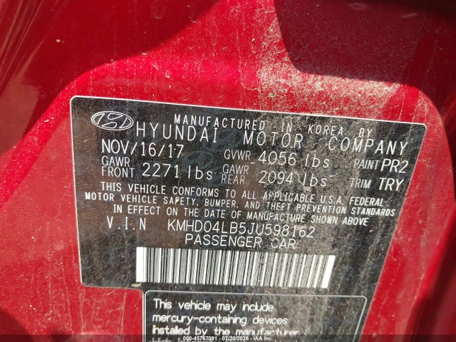 45767091 :رقم المزاد ، KMHD04LB5JU598162 vin ، 2018 Hyundai Elantra Sport مزاد بيع