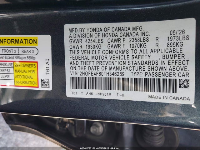 Aukcja sprzedaży 2026 Honda Civic Hybrid Sport/sport Touring, vin: 2HGFE4F80TH346289, numer aukcji: 45767108