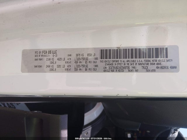 2019 Ram Promaster 1500 მანქანა იყიდება აუქციონზე, vin: 3C6TRVBG1KE549735, აუქციონის ნომერი: 45767115