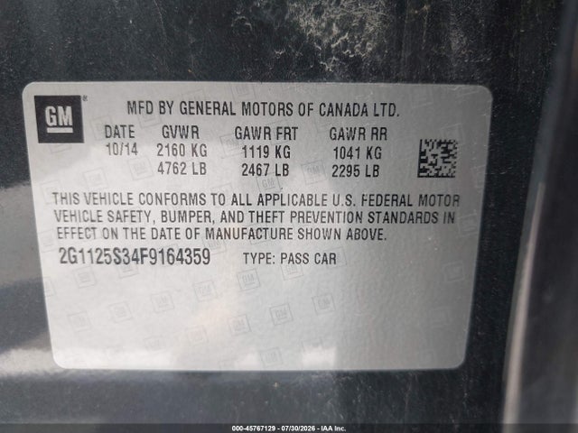 45767129 :رقم المزاد ، 2G1125S34F9164359 vin ، 2015 Chevrolet Impala 2lt مزاد بيع