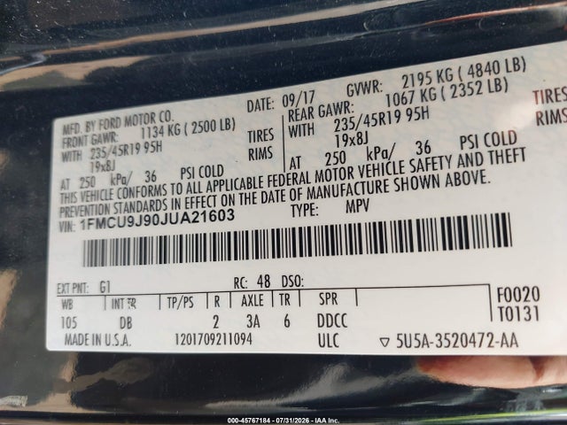 45767184 :رقم المزاد ، 1FMCU9J90JUA21603 vin ، 2018 Ford Escape Titanium مزاد بيع