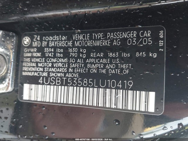 45767186 :رقم المزاد ، 4USBT53585LU10419 vin ، 2005 Bmw Z4 3.0i مزاد بيع