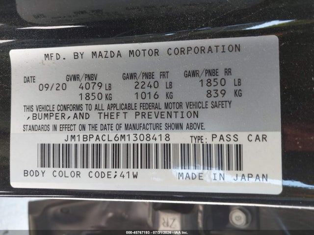 Aukcja sprzedaży 2021 Mazda Mazda3 Preferred, vin: JM1BPACL6M1308418, numer aukcji: 45767193