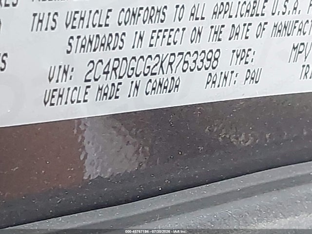 45767194 :رقم المزاد ، 2C4RDGCG2KR763398 vin ، 2019 Dodge Grand Caravan Sxt مزاد بيع