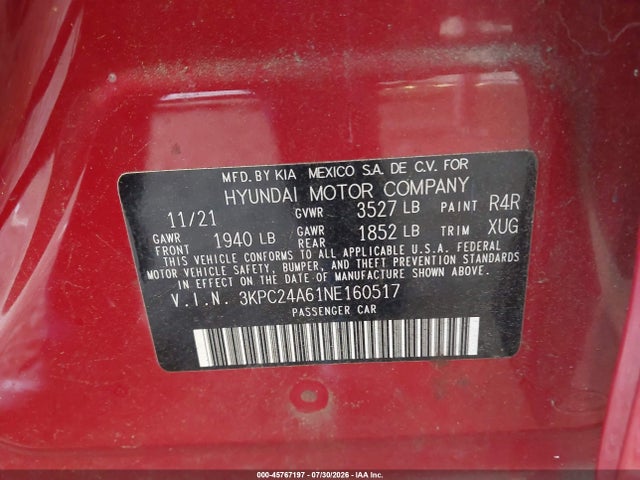 Продаж на аукціоні авто 2022 Hyundai Accent Se, vin: 3KPC24A61NE160517, номер лоту: 45767197