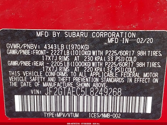 45767216 :رقم المزاد ، JF2GTAEC5L8249268 vin ، 2020 Subaru Crosstrek Premium مزاد بيع