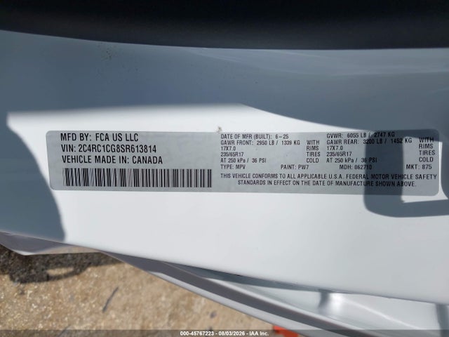 45767223 :رقم المزاد ، 2C4RC1CG8SR613814 vin ، 2025 Chrysler Voyager Lx مزاد بيع